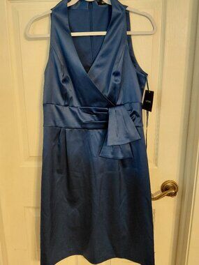 NWT Ellen Tracy Summer Evening Dress Blue Satin Sleeveless Size 10 Formal